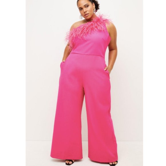 Karen Millen Pants - Karen Millen Pink Ostrich Feather One Shoulder Jumpsuit Sz 20 Plus NWT